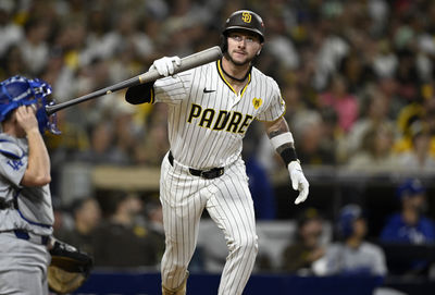 Oct 9, 2024; San Diego, California, USA; San Diego Padres outfielder Jackson Merrill (3) reacts after flying out in the fourth inning against the Los Angeles Dodgers during game four of the NLDS for the 2024 MLB Playoffs at Petco Park.  Mandatory Credit: Denis Poroy-Imagn Images