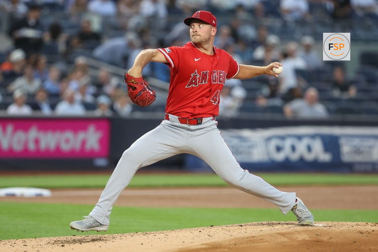 Apr 14, 2026; Bronx, New York, USA; Los Angeles Angels starting pitcher Reid Detmers (48) pitches in the first inning against the New York Yankees at Yankee Stadium. Credit: Wendell Cruz-Imagn Images