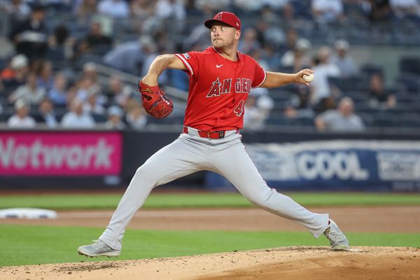 Apr 14, 2026; Bronx, New York, USA; Los Angeles Angels starting pitcher Reid Detmers (48) pitches in the first inning against the New York Yankees at Yankee Stadium. Mandatory Credit: Wendell Cruz-Imagn Images