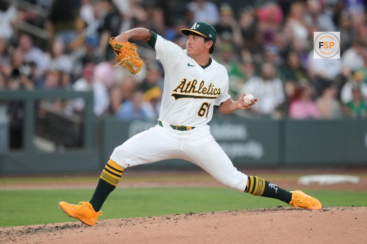 Jun 12, 2026; Summerlin, Nevada, USA; Athletics pitcher Gage Jump (61) throws the ball during the third inning against the Colorado Rockies at the Las Vegas Ballpark. Credit: Lucas Peltier-Imagn Images