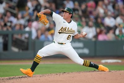 Jun 12, 2026; Summerlin, Nevada, USA; Athletics pitcher Gage Jump (61) throws the ball during the third inning against the Colorado Rockies at the Las Vegas Ballpark. Mandatory Credit: Lucas Peltier-Imagn Images