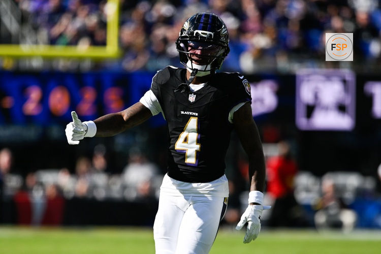 Oct 26, 2025; Baltimore, Maryland, USA;  Baltimore Ravens wide receiver Zay Flowers (4) gestures during the third quarter against the Chicago Bears at M&T Bank Stadium. Credit: Tommy Gilligan-Imagn Images