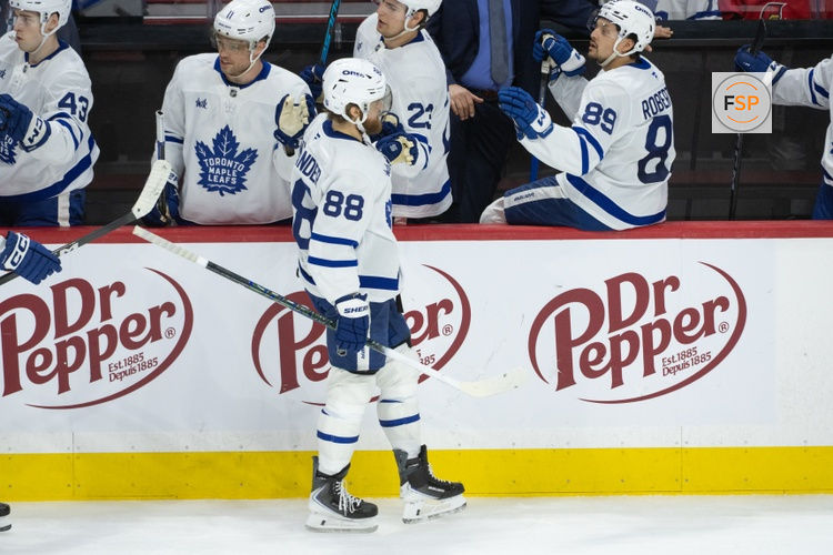 Apr 15, 2026; Ottawa, Ontario, CAN; Toronto Maple Leafs right wing William Nylander (88) celebrates with team his goal scored in the third period against the Ottawa Senators at the Canadian Tire Centre. Credit: Marc DesRosiers-IMAGN Images