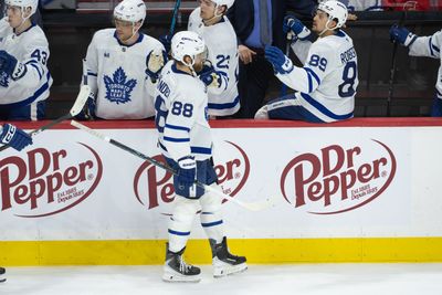 Apr 15, 2026; Ottawa, Ontario, CAN; Toronto Maple Leafs right wing William Nylander (88) celebrates with team his goal scored in the third period against the Ottawa Senators at the Canadian Tire Centre. Mandatory Credit: Marc DesRosiers-IMAGN Images