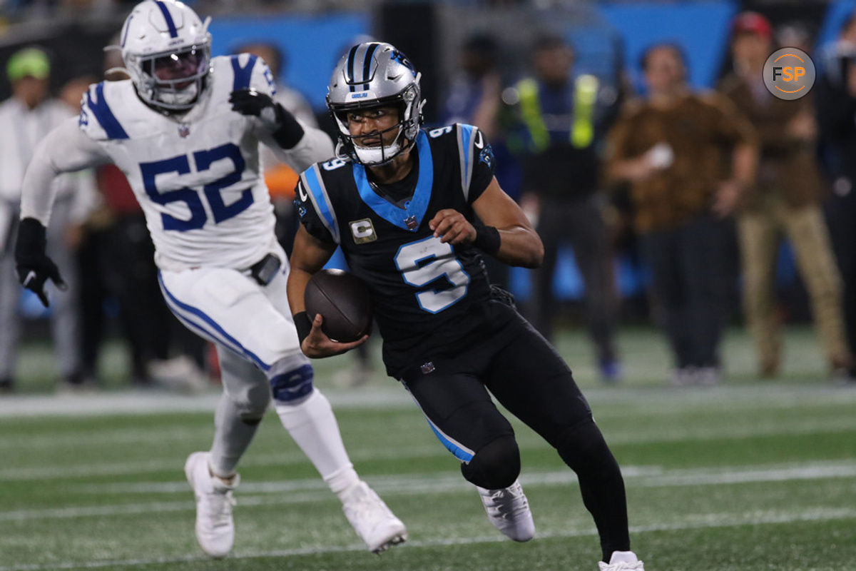 CHARLOTTE, NC - NOVEMBER 05: Carolina Panthers quarterback Bryce Young (9) runs with the ball during a NFL football game between the Indianapolis Colts and the Carolina Panthers on November 5, 2023 at Bank of America Stadium in Charlotte, N.C.(Photo by John Byrum/Icon Sportswire)