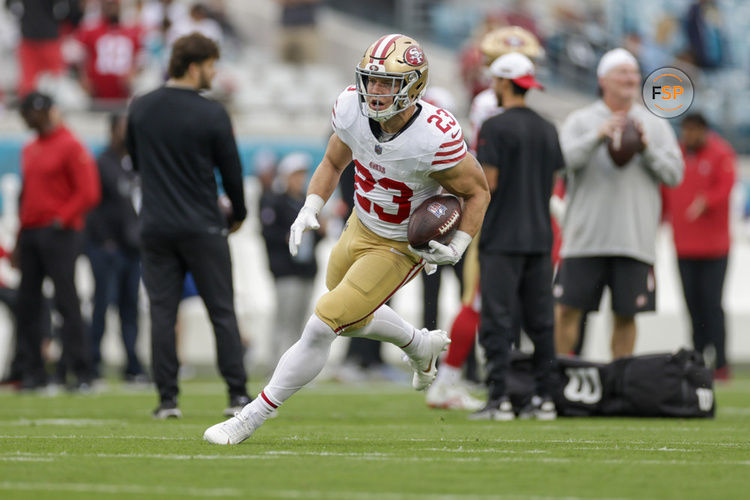 JACKSONVILLE, FL - NOVEMBER 12: San Francisco 49ers running back Christian McCaffrey (23) before the game between the San Francisco 49ers and the Jacksonville Jaguars on November 12, 2023 at  EverBank Stadium in Jacksonville, Florida. (Photo by David Rosenblum/Icon Sportswire)