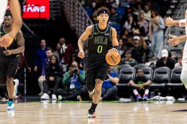 Dec 29, 2025; New Orleans, Louisiana, USA;  New Orleans Pelicans guard Jeremiah Fears (0) brings the ball up court against the New York Knicks during the second half at Smoothie King Center. Mandatory Credit: Stephen Lew-Imagn Images