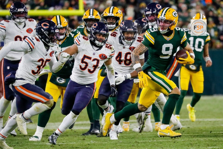 Green Bay Packers wide receiver Christian Watson (9) breaks free for a touchdown reception against the Chicago Bears on Sunday, December 7, 2025, at Lambeau Field in Green Bay, Wis. The Packers won the game, 28-21.
Tork Mason/USA TODAY NETWORK-Wisconsin