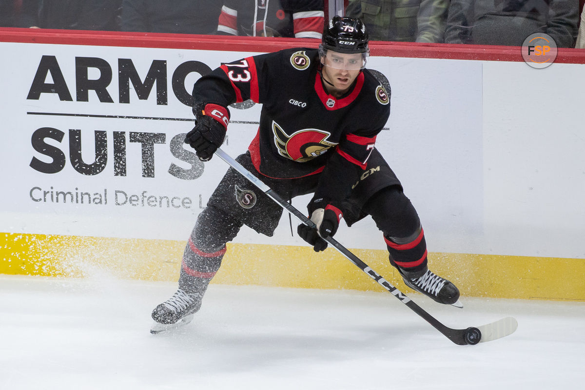 Nov 2, 2024; Ottawa, Ontario, CAN; Ottawa Senators left wing Noah Gregor (73) skates with the puck in the third period against the Seattle Kraken at the Canadian Tire Centre. Credit: Marc DesRosiers-Imagn Images