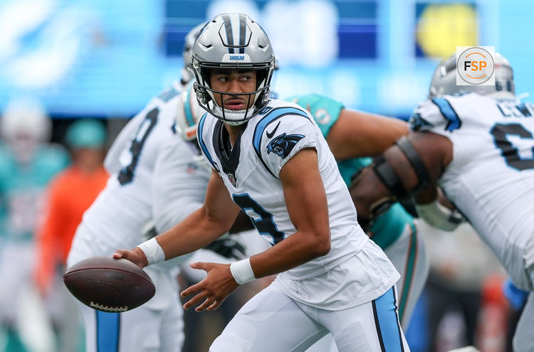 Oct 5, 2025; Charlotte, North Carolina, USA; Carolina Panthers quarterback Bryce Young (9) seen with the ball during the first quarter against the Miami Dolphins at Bank of America Stadium. Credit: Cory Knowlton-Imagn Images