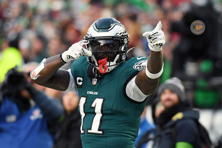 Jan 26, 2025; Philadelphia, PA, USA; Philadelphia Eagles wide receiver A.J. Brown (11) reacts after a play against the Washington Commanders during the first half in the NFC Championship game at Lincoln Financial Field. Credit: Eric Hartline-Imagn Images