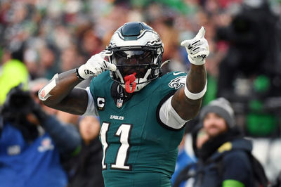 Jan 26, 2025; Philadelphia, PA, USA; Philadelphia Eagles wide receiver A.J. Brown (11) reacts after a play against the Washington Commanders during the first half in the NFC Championship game at Lincoln Financial Field. Mandatory Credit: Eric Hartline-Imagn Images