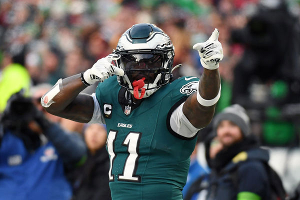 Jan 26, 2025; Philadelphia, PA, USA; Philadelphia Eagles wide receiver A.J. Brown (11) reacts after a play against the Washington Commanders during the first half in the NFC Championship game at Lincoln Financial Field. Mandatory Credit: Eric Hartline-Imagn Images