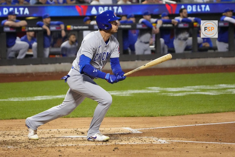 FLUSHING, NY - AUGUST 08: Chicago Cubs Center Fielder Cody Bellinger (24) hits a home run during the fourth inning of the Major League Baseball game between the Chicago Cubs and the New York Mets on August 8, 2023, at Citi Field in Flushing, NY. (Photo by Gregory Fisher/Icon Sportswire)