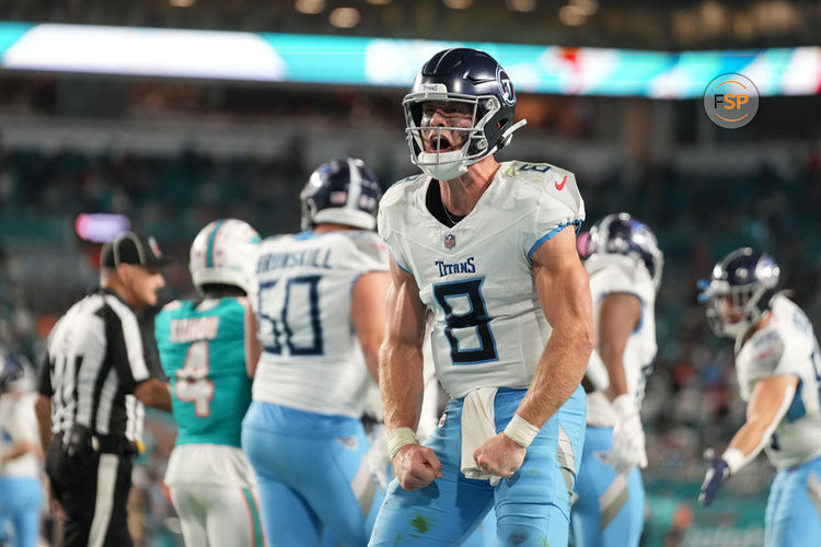 MIAMI GARDENS, FL - DECEMBER 11: Tennessee Titans quarterback Will Levis (8) celebrates after a go-ahead touchdown during the game between the Tennessee Titans and Miami Dolphins on Monday, Dec. 11, 2023 at Hard Rock Stadium, Miami Gardens, Fla. (Photo by Peter Joneleit/Icon Sportswire)