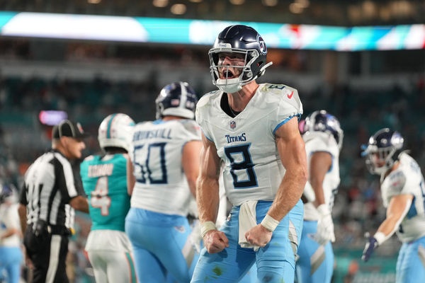 MIAMI GARDENS, FL - DECEMBER 11: Tennessee Titans quarterback Will Levis (8) celebrates after a go-ahead touchdown during the game between the Tennessee Titans and Miami Dolphins on Monday, Dec. 11, 2023 at Hard Rock Stadium, Miami Gardens, Fla. (Photo by Peter Joneleit/Icon Sportswire)