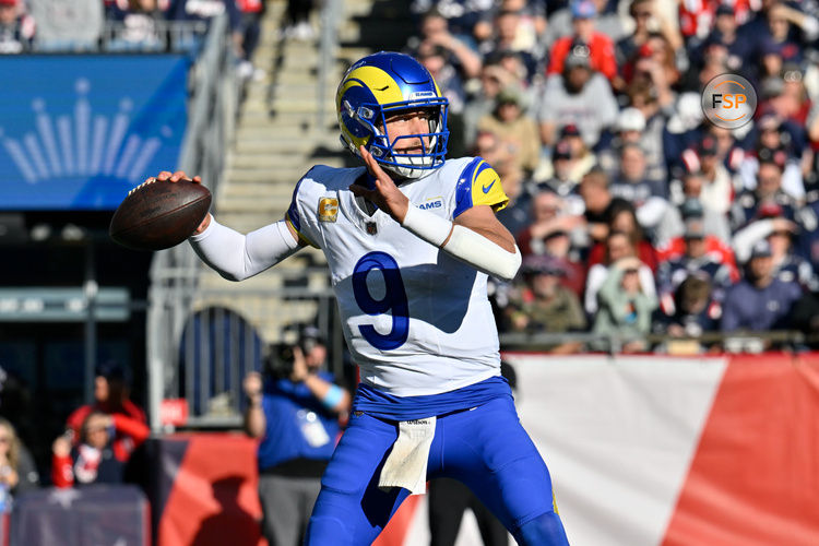 Nov 17, 2024; Foxborough, Massachusetts, USA;  Los Angeles Rams quarterback Matthew Stafford (9) throws a pass during the first half against the New England Patriots at Gillette Stadium. Credit: Eric Canha-Imagn Images