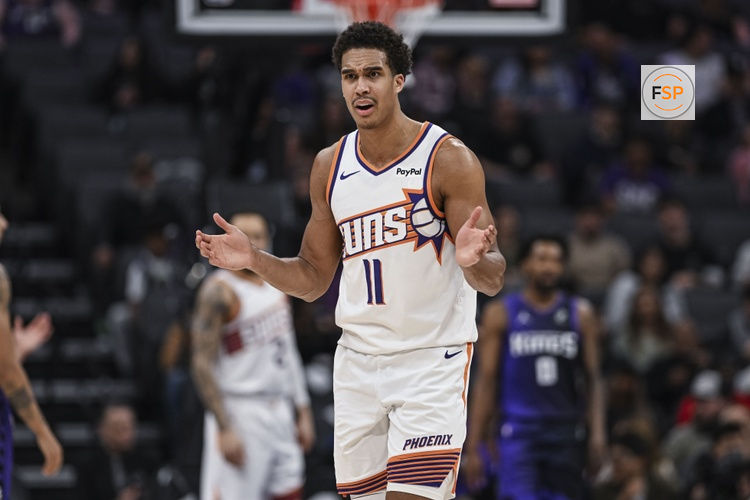 Mar 3, 2026; Sacramento, California, USA; Phoenix Suns forward Oso Ighodaro (11) reacts during the second quarter at against the Sacramento Kings Golden 1 Center. Credit: Justine Willard-Imagn Images