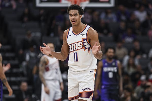 Mar 3, 2026; Sacramento, California, USA; Phoenix Suns forward Oso Ighodaro (11) reacts during the second quarter at against the Sacramento Kings Golden 1 Center. Mandatory Credit: Justine Willard-Imagn Images