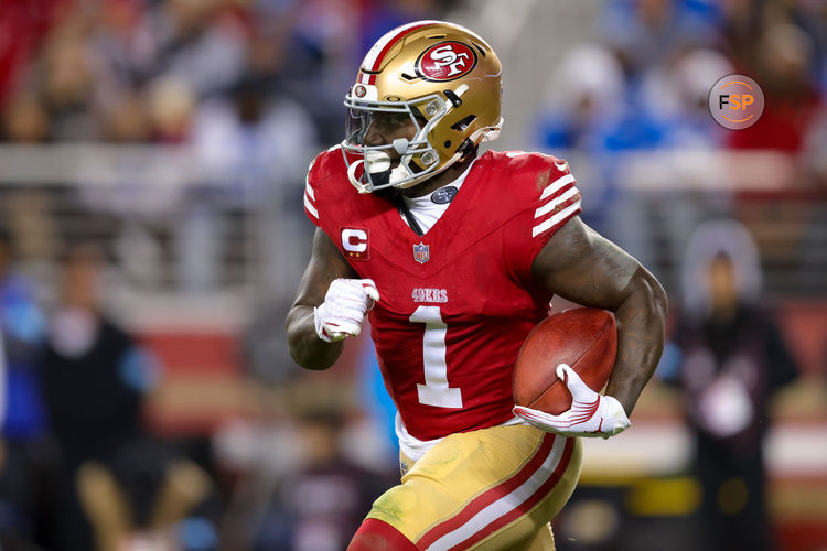 Dec 30, 2024; Santa Clara, California, USA; San Francisco 49ers wide receiver Deebo Samuel Sr. (1) during the game against the Detroit Lions at Levi's Stadium. Credit: Sergio Estrada-Imagn Images