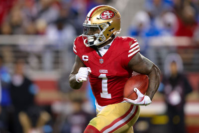 Dec 30, 2024; Santa Clara, California, USA; San Francisco 49ers wide receiver Deebo Samuel Sr. (1) during the game against the Detroit Lions at Levi's Stadium. Mandatory Credit: Sergio Estrada-Imagn Images