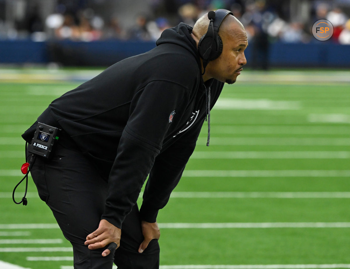 Oct 20, 2024; Inglewood, California, USA; Las Vegas Raiders head coach Antonio Pierce on the sidelines against the Los Angeles Rams at SoFi Stadium. Credit: Robert Hanashiro-Imagn Images