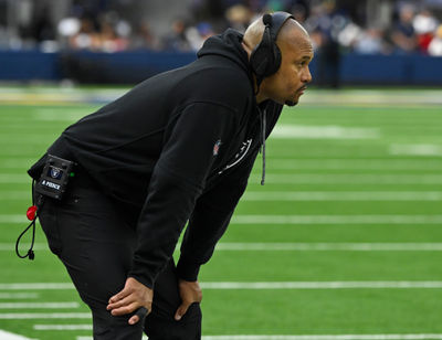 Oct 20, 2024; Inglewood, California, USA; Las Vegas Raiders head coach Antonio Pierce on the sidelines against the Los Angeles Rams at SoFi Stadium. Mandatory Credit: Robert Hanashiro-Imagn Images