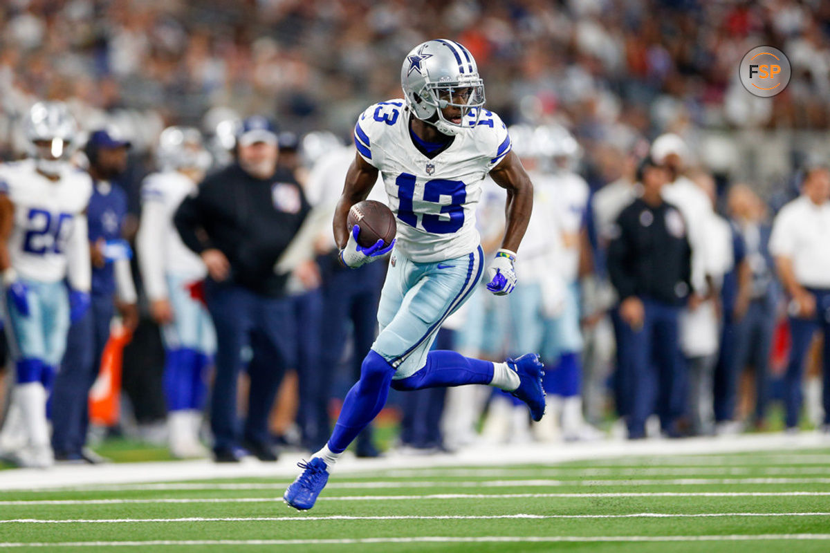 ARLINGTON, TX - OCTOBER 01: Dallas Cowboys wide receiver Michael Gallup (13) runs after a catch during the game between the New England Patriots and Dallas Cowboys on October 1, 2023 at AT&T Stadium in Arlington, TX.  (Photo by Andrew Dieb/Icon Sportswire)