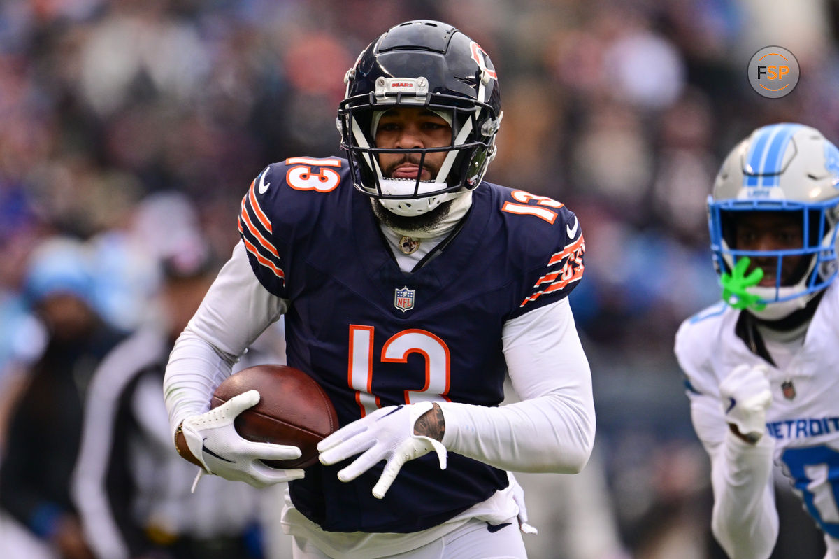 Dec 22, 2024; Chicago, Illinois, USA; Chicago Bears wide receiver Keenan Allen (13) runs after a catch against the Detroit Lions during the second quarter at Soldier Field. Credit: Daniel Bartel-Imagn Images