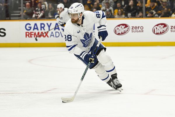 Dec 20, 2025; Nashville, Tennessee, USA;  Toronto Maple Leafs right wing William Nylander (88) skates with the puck against the Nashville Predators during the first period at Bridgestone Arena. Mandatory Credit: Steve Roberts-Imagn Images