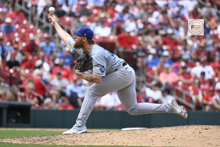 Aug 18, 2024; St. Louis, Missouri, USA; Los Angeles Dodgers relief pitcher Michael Kopech (45) pitches against the St. Louis Cardinals in the ninth inning at Busch Stadium. Credit: Joe Puetz-USA TODAY Sports