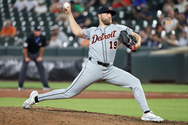 Jun 12, 2025; Baltimore, Maryland, USA; Detroit Tigers pitcher Will Vest (19) throws during the ninth inning against the Baltimore Orioles at Oriole Park at Camden Yards. Credit: Daniel Kucin Jr.-Imagn Images