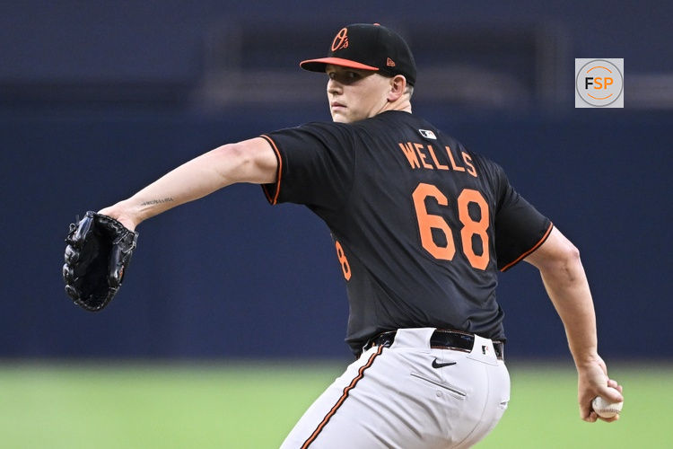 Sep 2, 2025; San Diego, California, USA; Baltimore Orioles Tyler Wells (68) delivers during the first inning against the San Diego Padres at Petco Park. Credit: Denis Poroy-Imagn Images