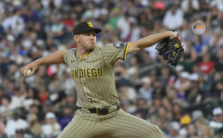 May 10, 2025; Denver, Colorado, USA; San Diego Padres pitcher Stephen Kolek (32) delivers a pitch during the fifth inning against the Colorado Rockies  at Coors Field. Credit: John Leyba-Imagn Images