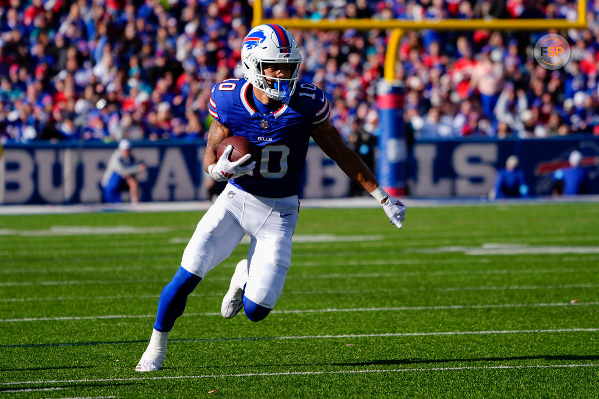 Nov 3, 2024; Orchard Park, New York, USA; Buffalo Bills wide receiver Khalil Shakir (10) runs with the ball after making a catch against the Miami Dolphins during the first half at Highmark Stadium. Credit: Gregory Fisher-Imagn Images