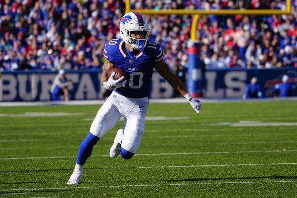 Nov 3, 2024; Orchard Park, New York, USA; Buffalo Bills wide receiver Khalil Shakir (10) runs with the ball after making a catch against the Miami Dolphins during the first half at Highmark Stadium. Mandatory Credit: Gregory Fisher-Imagn Images