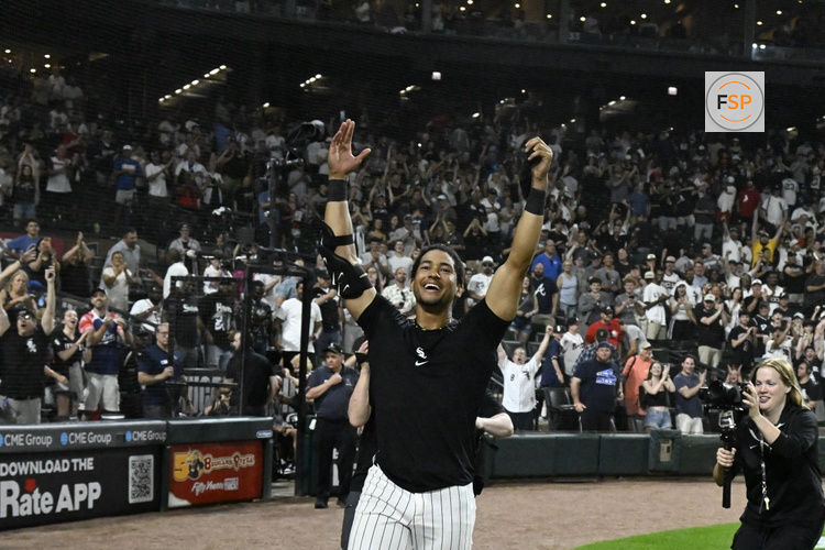 Jun 9, 2026; Chicago, Illinois, USA;  Chicago White Sox right fielder Braden Montgomery (24), reacts after his walk off two run home run during the tenth inning against the Atlanta Braves at Rate Field. Credit: Matt Marton-Imagn Images