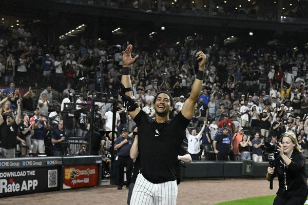 Jun 9, 2026; Chicago, Illinois, USA;  Chicago White Sox right fielder Braden Montgomery (24), reacts after his walk off two run home run during the tenth inning against the Atlanta Braves at Rate Field. Mandatory Credit: Matt Marton-Imagn Images