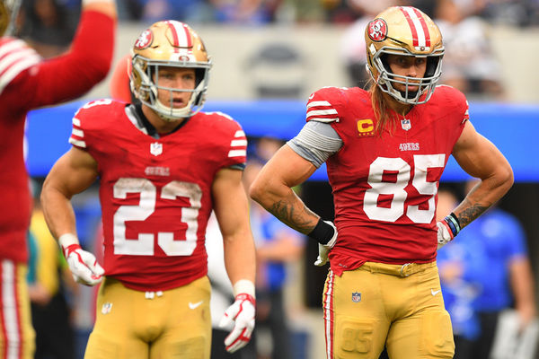 INGLEWOOD, CA - SEPTEMBER 17: San Francisco 49ers tight end George Kittle (85) and San Francisco 49ers running back Christian McCaffrey (23) look on during the NFL game between the San Francisco 49ers and the Los Angeles Rams on September 17, 2023, at SoFi Stadium in Inglewood, CA. (Photo by Brian Rothmuller/Icon Sportswire)