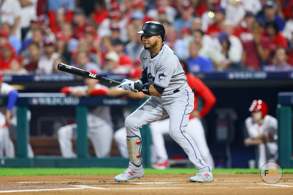 PHILADELPHIA, PA - OCTOBER 03:  Luis Arraez #3 of the Miami Marlins at bat during the NL Wild Card game against the Philadelphia Phillies on October 3, 2023 at Citizens Bank Park in Philadelphia, Pennsylvania.  (Photo by Rich Graessle/Icon Sportswire)