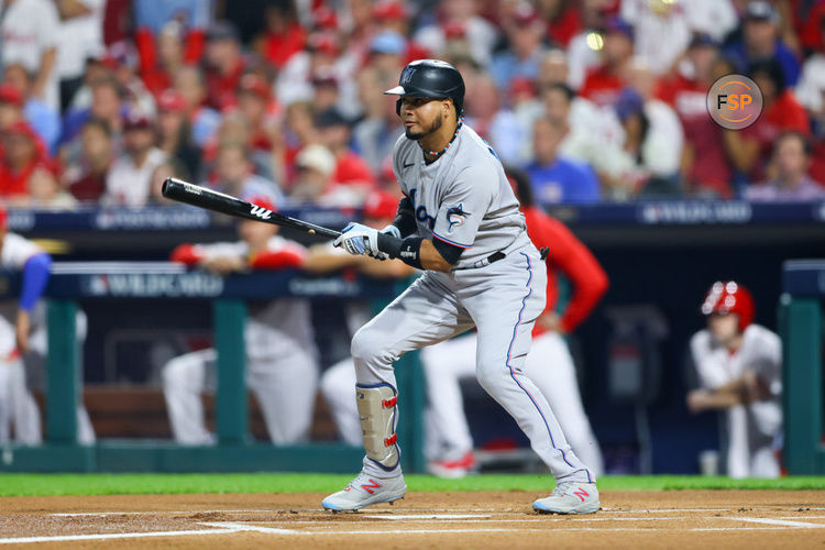 PHILADELPHIA, PA - OCTOBER 03:  Luis Arraez #3 of the Miami Marlins at bat during the NL Wild Card game against the Philadelphia Phillies on October 3, 2023 at Citizens Bank Park in Philadelphia, Pennsylvania.  (Photo by Rich Graessle/Icon Sportswire)