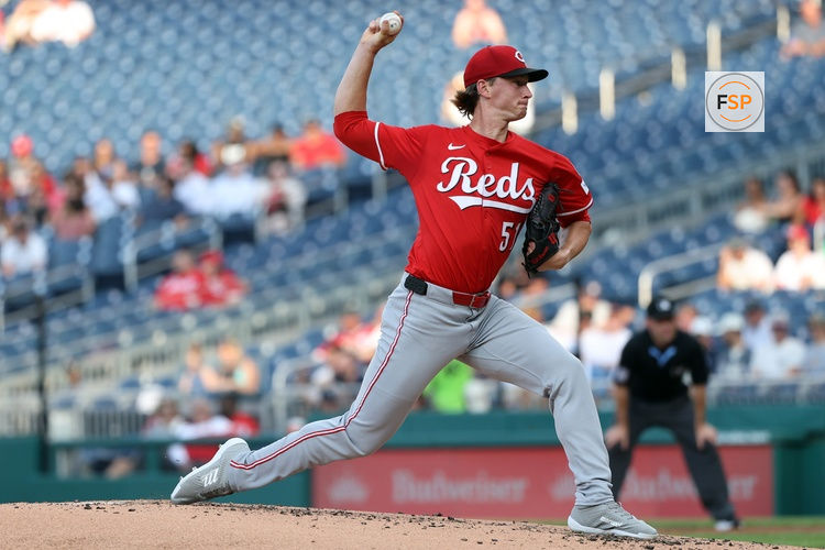Jul 21, 2025; Washington, District of Columbia, USA; Cincinnati Reds pitcher Brady Singer (51) throws during the second inning against the Washington Nationals at Nationals Park. Credit: Daniel Kucin Jr.-Imagn Images