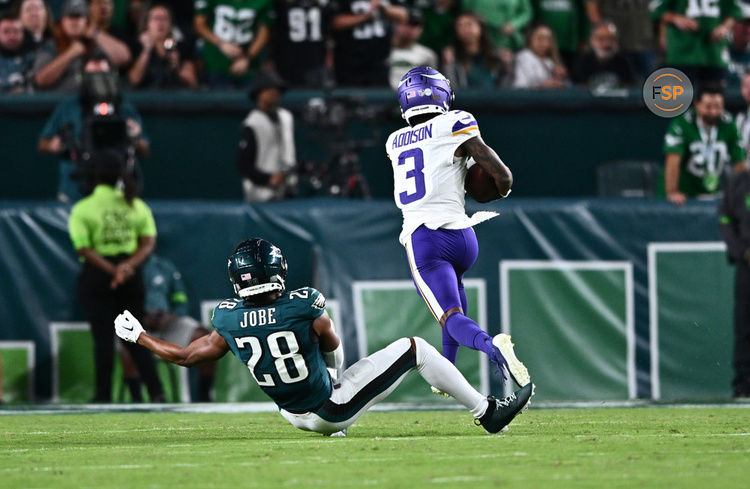 PHILADELPHIA, PA - SEPTEMBER 14: Minnesota Vikings Wide Receiver Jordan Addison (3) makes a touchdown reception against Philadelphia Eagles Cornerback Josh Jobe (28) in the second half during the game between the Minnesota Vikings and Philadelphia Eagles on September 14, 2023 at Lincoln Financial Field in Philadelphia, PA. (Photo by Kyle Ross/Icon Sportswire)