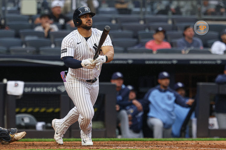 May 4, 2025; Bronx, New York, USA; New York Yankees left fielder Jasson Dominguez (24) dingles during the eighth inning against the Tampa Bay Rays at Yankee Stadium. Credit: Vincent Carchietta-Imagn Images