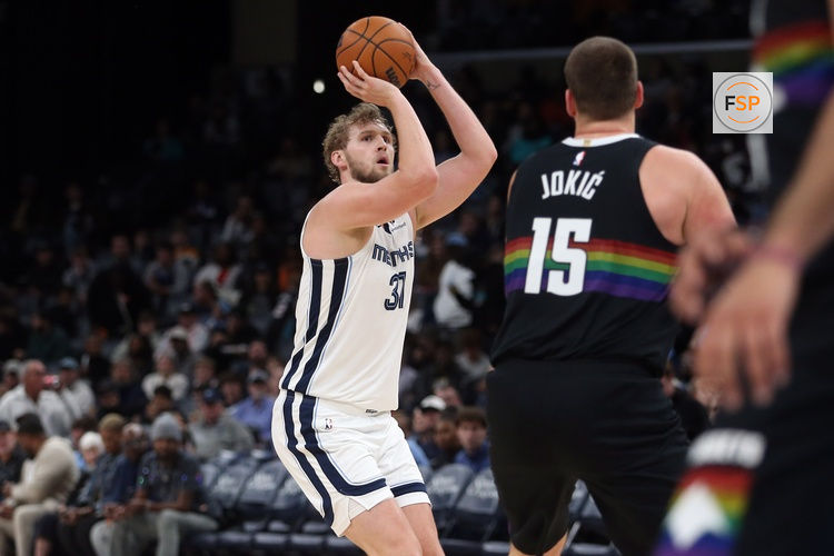 Nov 24, 2025; Memphis, Tennessee, USA; Memphis Grizzlies center Jock Landale (31) shoots during the third quarter against the Denver Nuggets at FedExForum. Credit: Petre Thomas-Imagn Images