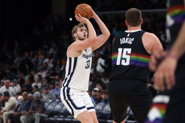 Nov 24, 2025; Memphis, Tennessee, USA; Memphis Grizzlies center Jock Landale (31) shoots during the third quarter against the Denver Nuggets at FedExForum. Mandatory Credit: Petre Thomas-Imagn Images