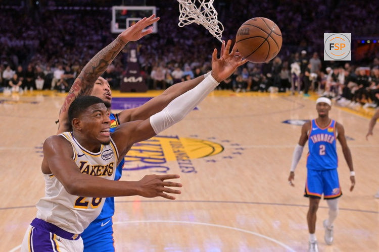 May 9, 2026; Los Angeles, California, USA; Los Angeles Lakers forward Rui Hachimura (28) and Oklahoma City Thunder forward Jaylin Williams (6) reach for the ball during game three of the second round of the 2026 NBA Playoffs at Crypto.com Arena. Credit: Jayne Kamin-Oncea-Imagn Images