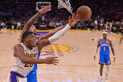 May 9, 2026; Los Angeles, California, USA; Los Angeles Lakers forward Rui Hachimura (28) and Oklahoma City Thunder forward Jaylin Williams (6) reach for the ball during game three of the second round of the 2026 NBA Playoffs at Crypto.com Arena. Mandatory Credit: Jayne Kamin-Oncea-Imagn Images