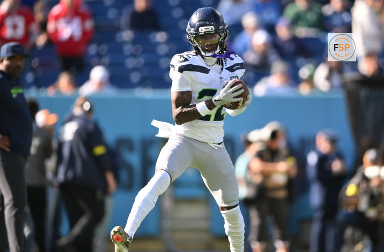 Nov 23, 2025; Nashville, Tennessee, USA;  Seattle Seahawks wide receiver Rashid Shaheed (22) warms up before a game against the Tennessee Titans at Nissan Stadium. Credit: Steve Roberts-Imagn Images