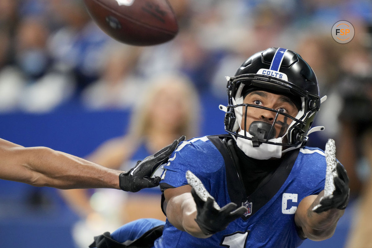 Nov 24, 2024; Indianapolis, Indiana, USA; Indianapolis Colts wide receiver Josh Downs (1) misses a pass in the end zone during a game against the Detroit Lions  at Lucas Oil Stadium. Credit: Christine Tannous/USA TODAY Network via Imagn Images